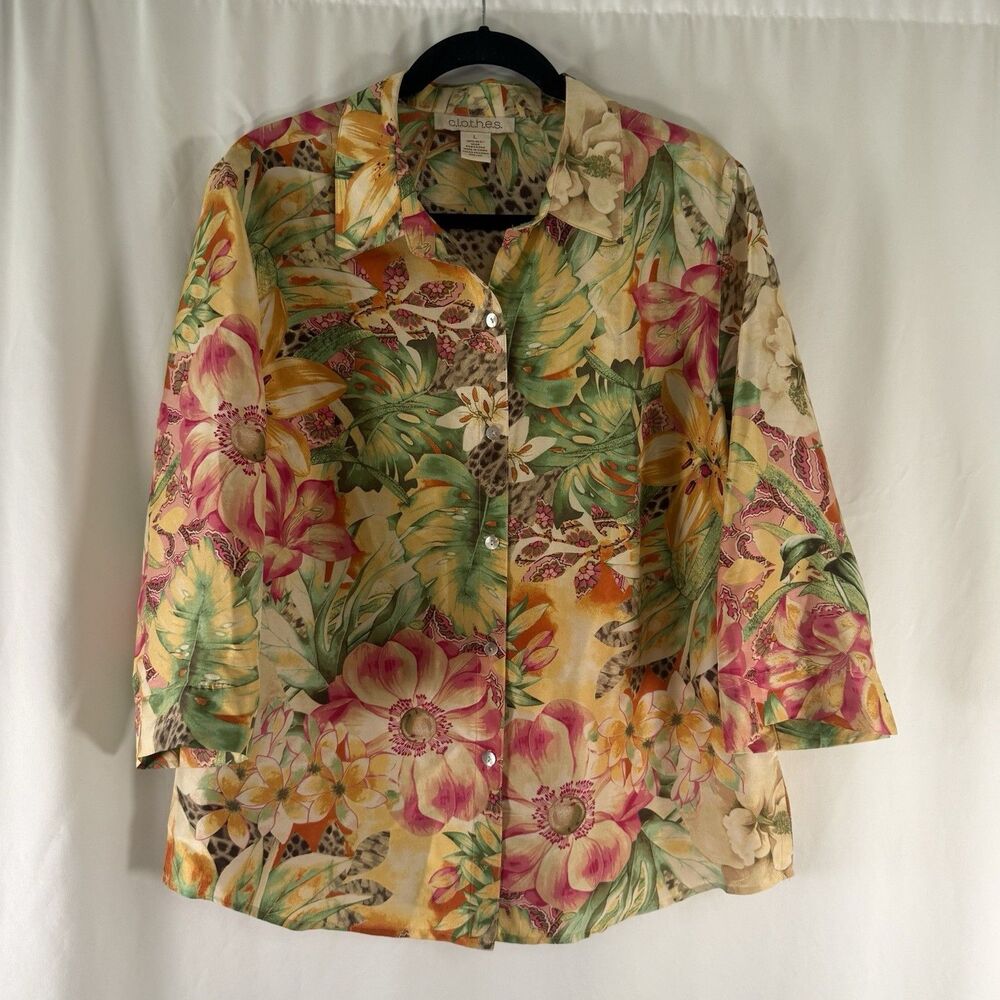 CLOTHES 100% Silk Blouse Women's Large Yellow Pink Floral 3/4 Sleeve Button Up